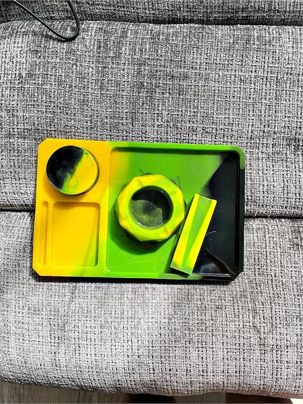 Green, Yellow, and Black Tray Set comes with ashtray, grinder and more.